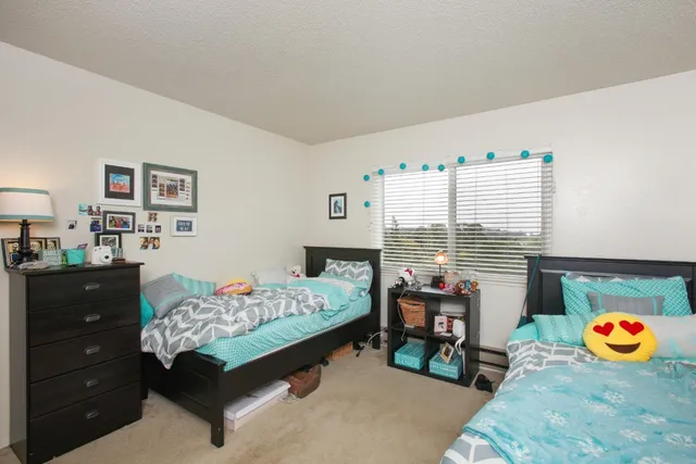 a bedroom with a bed and a dresser