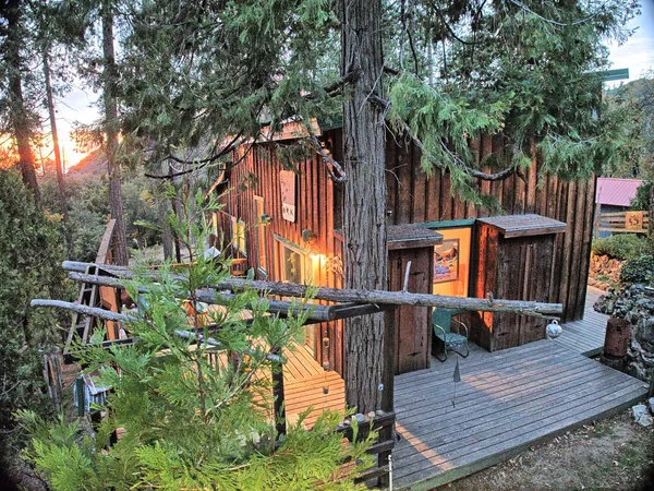 an outdoor space with seating area and trees