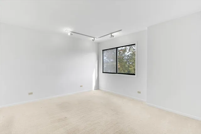 a view of an empty room with windows and closet