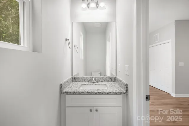 a bathroom with a granite countertop sink and a mirror