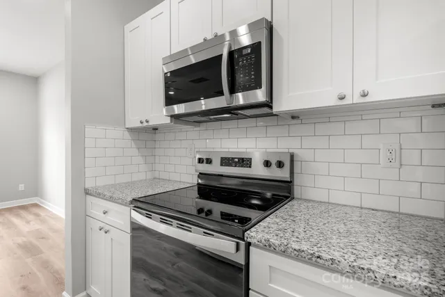 a kitchen with a stove and a microwave