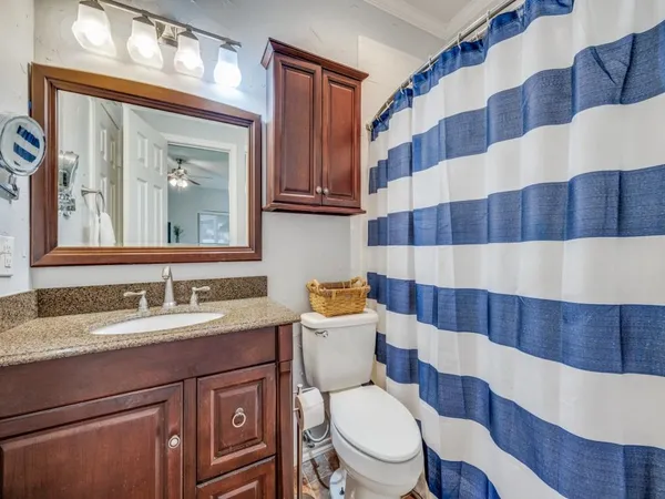a bathroom with a sink a toilet a mirror and shower curtain