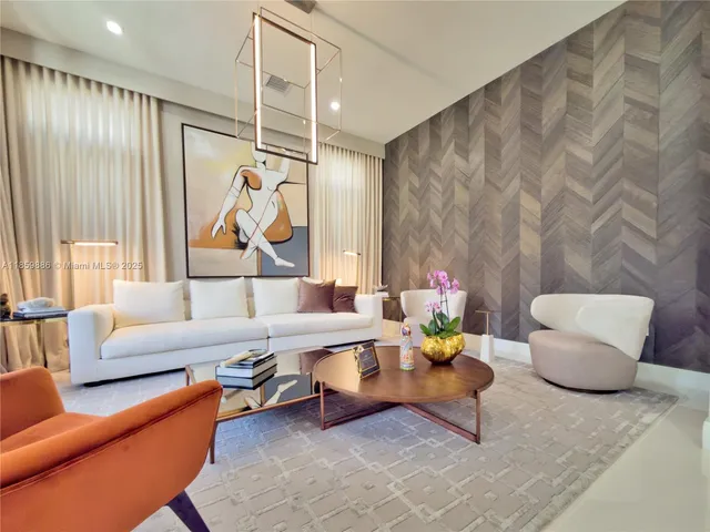 a dining room with furniture and a mirror