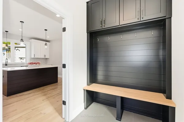 a room with table and dryer