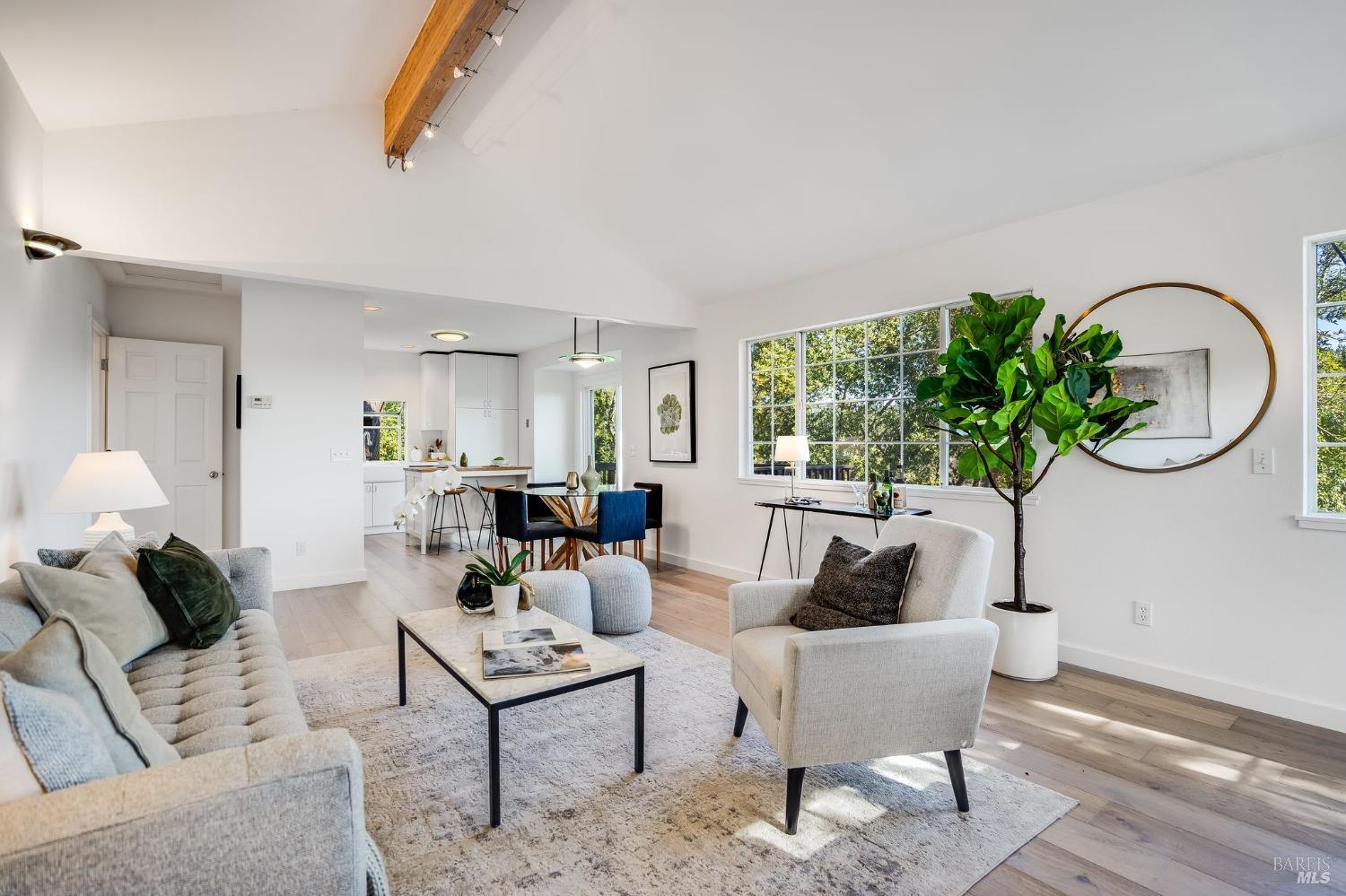 a living room with furniture a potted plant and a large window