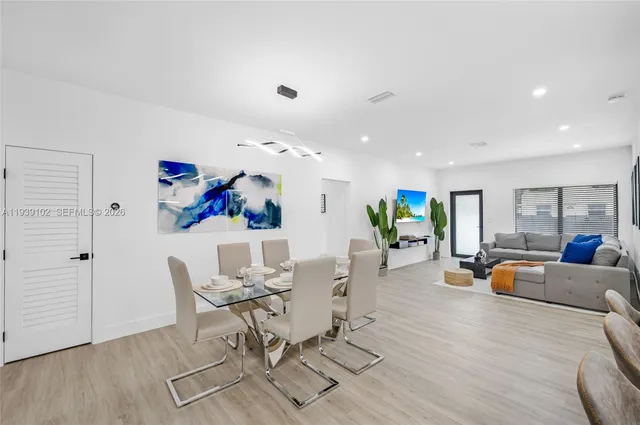 a large white kitchen with stainless steel appliances granite countertop a stove a sink a refrigerator and a microwave