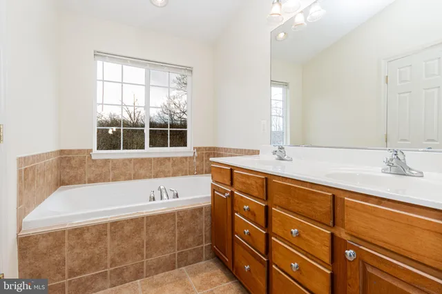 a bathroom with a tub sink and mirror