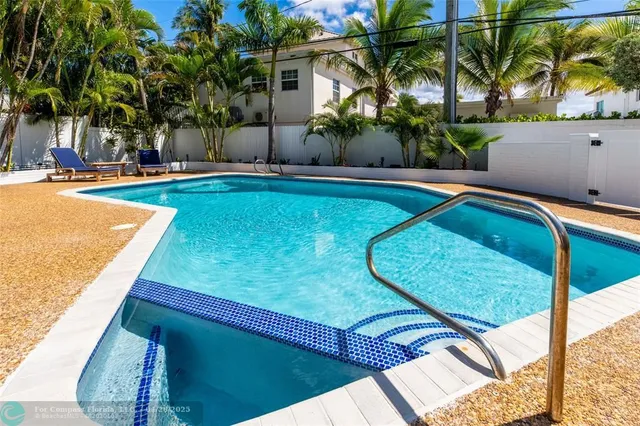 a view of a backyard with swimming pool
