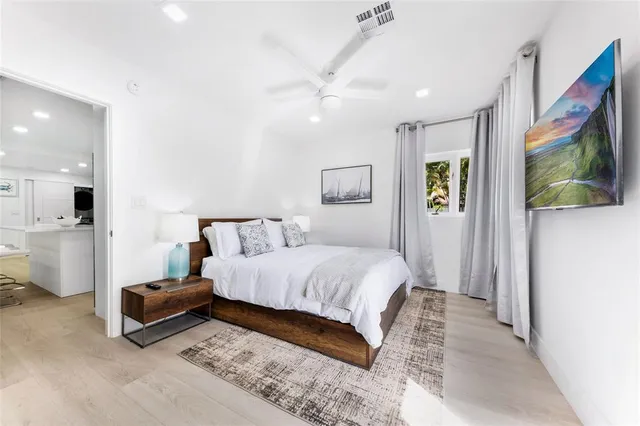 a spacious bedroom with a bed and a flat screen tv