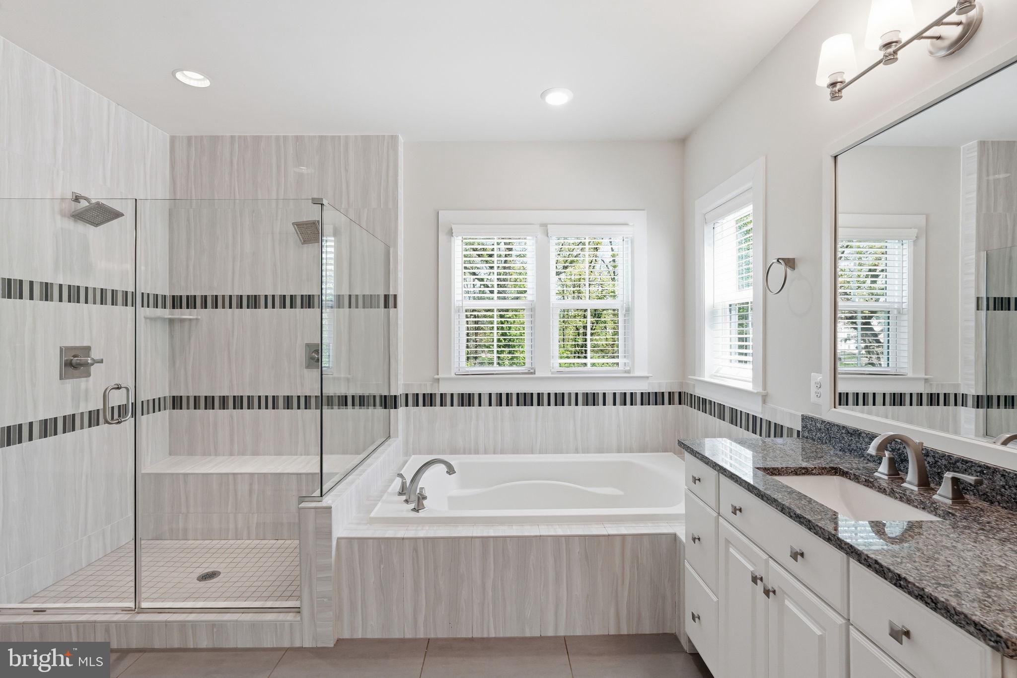 23648 Amesfield Place Aldie, VA 20105 - Photo 31 of 41 a bathroom with a granite countertop tub a sink and a shower
