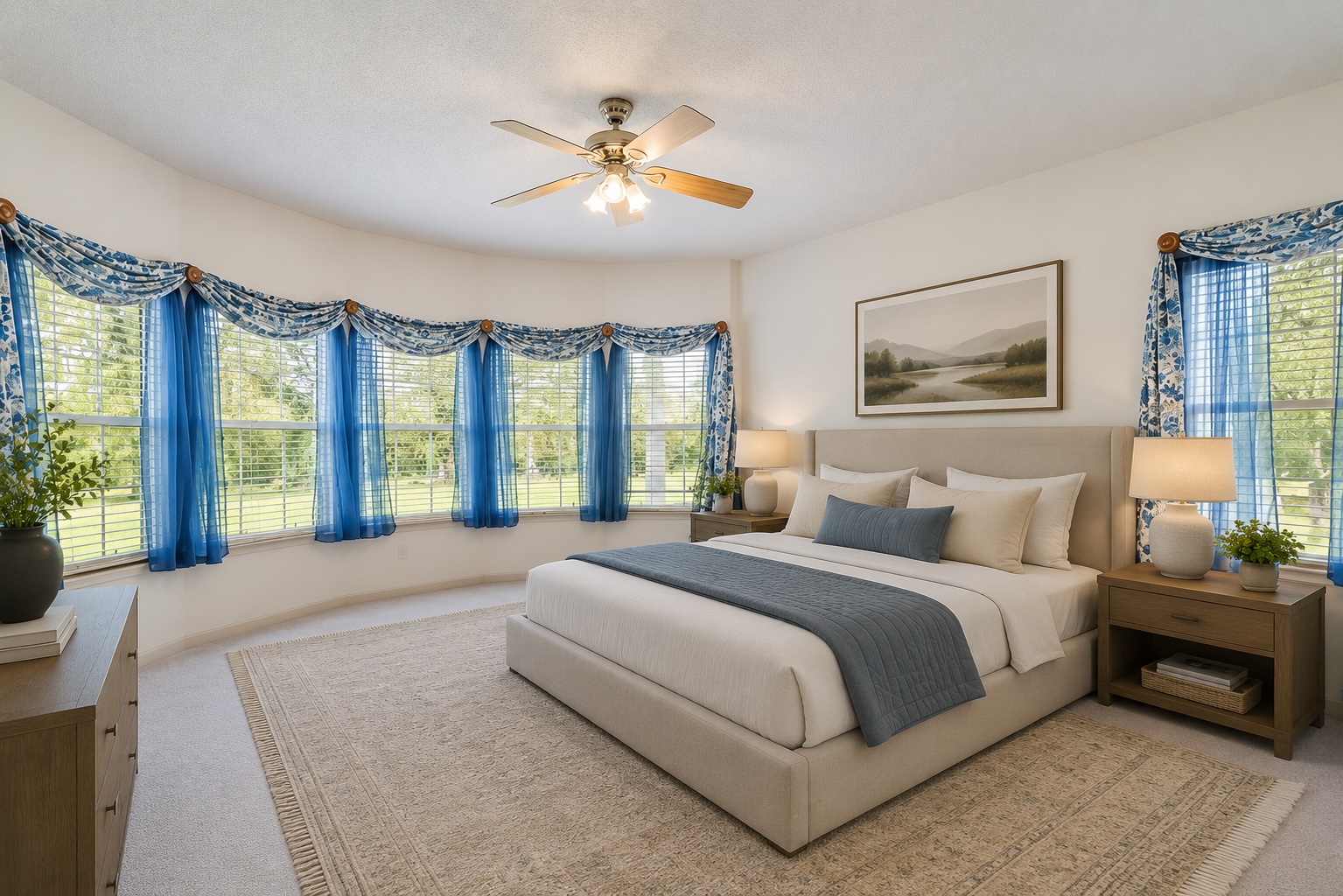 19106 Eyerley Road Manor, TX 78653 - Photo 13 of 40 Virtually Staged, A spacious primary bedroom features multiple large windows, offering ample natural light and serene green views.