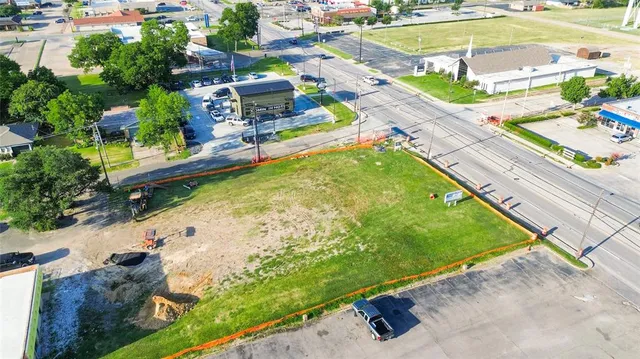 an aerial view of a pool