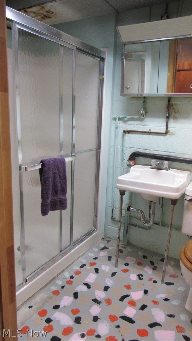 6841 Navarre Road Southwest Massillon, OH 44646 - Photo 36 of 50 Shower enclosure with sliding frosted glass doors, a wall-mounted mirrored medicine cabinet, and painted design on concrete.