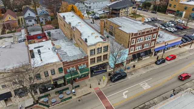 an aerial view of multi story buildings