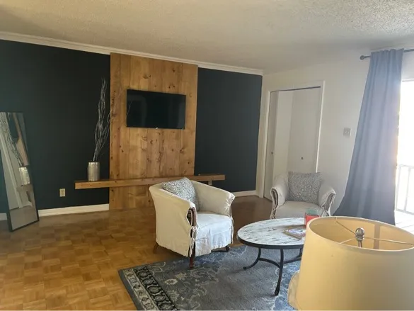 a living room with furniture and a rug