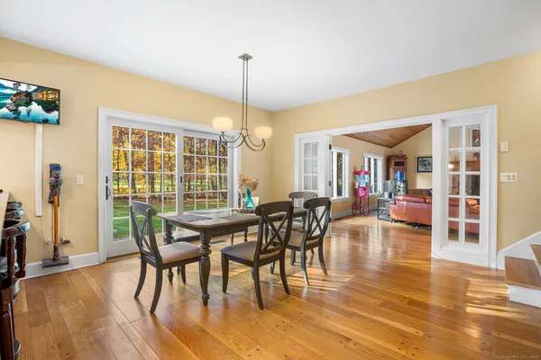 a view of a dining room with furniture window and wooden floor