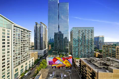 a city view with tall buildings