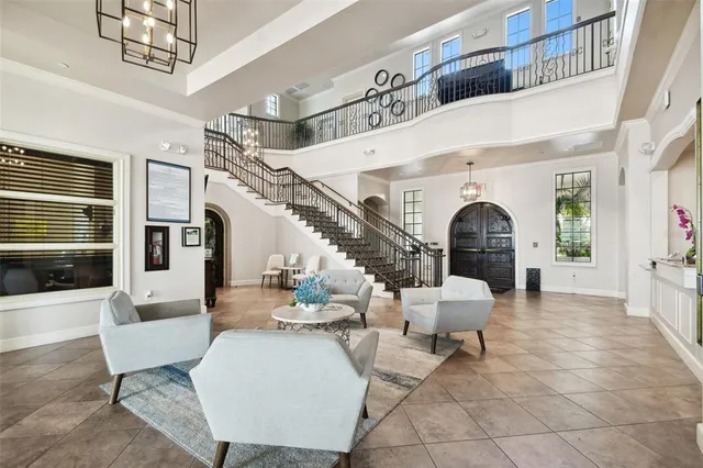 an aerial view of a building with outdoor space