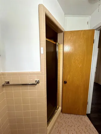 a bathroom with a shower and a sink