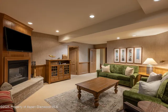 a living room with furniture a flat screen tv and a fireplace