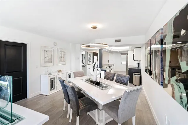 a view of a dining room with furniture