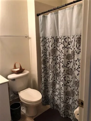 a white toilet sitting next to a shower curtain