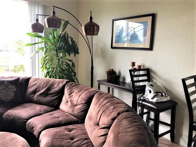 a living room with furniture and a potted plant