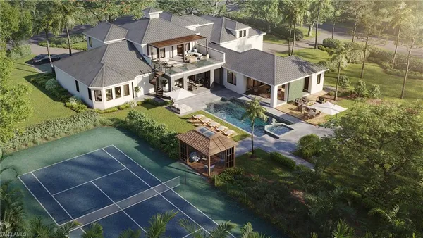 an aerial view of a house with a garden