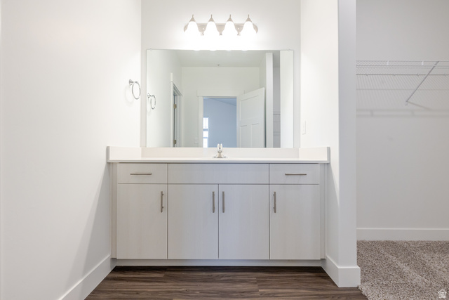 709 West 4500th South, Unit N301 Mapleton, UT 84664 - Photo 4 of 17 Bathroom with vanity, a walk in closet, and dark wood-style flooring