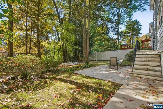 a view of a yard with plants and trees