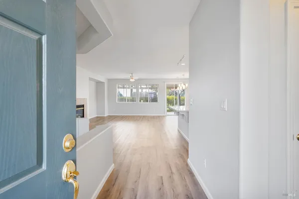 a view of dining room with wooden floor