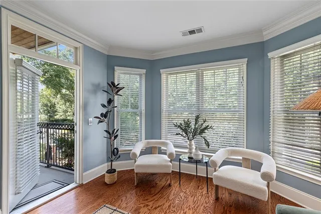 a view of a balcony with a table