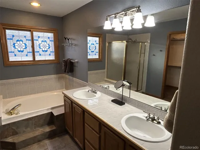 a bathroom with a double vanity sink tub and a mirror