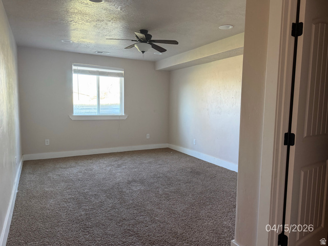 250 South Main Street Fillmore, UT 84631 - Photo 11 of 12 Spare room featuring carpet, ceiling fan, and a textured ceiling