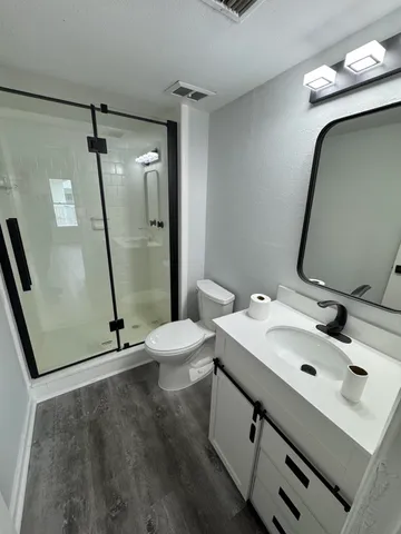a bathroom with a sink mirror vanity and toilet
