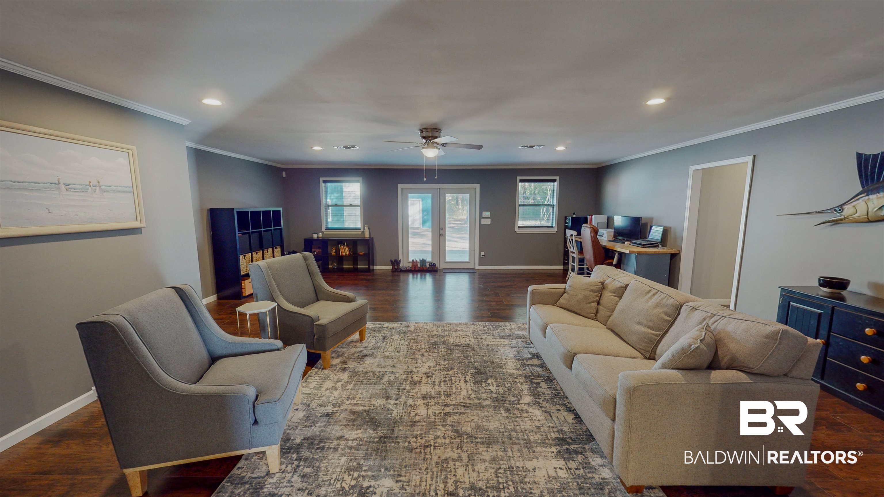 19365 Keller Road Foley, AL 36535 - Photo 12 of 41 Living room with dark wood-type flooring, ornamental molding, french doors, and ceiling fan