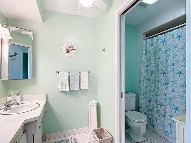 a bathroom with a shower curtain and a toilet