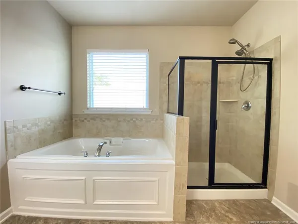 a bathroom with a bathtub and a shower