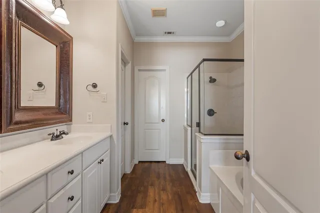 a bathroom with a double vanity sink a mirror and shower