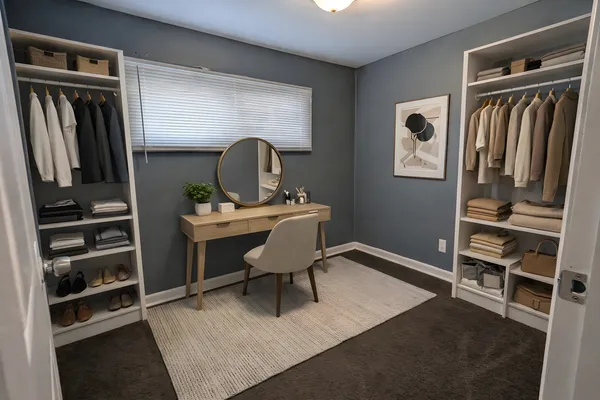 a workspace with furniture and window