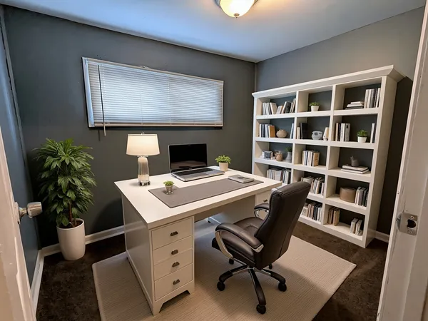 a view of a workspace with furniture and a potted plant