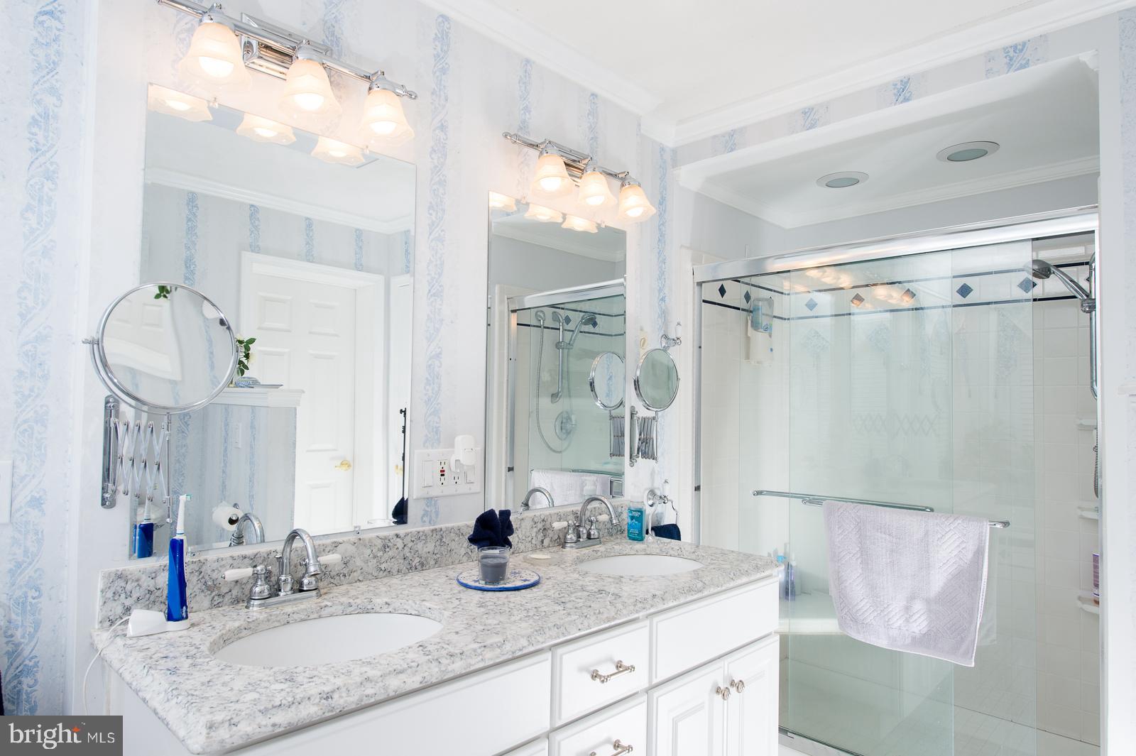 1251 Turkey Point Road Edgewater, MD 21037 - Photo 20 of 32 a bathroom with a granite countertop sink a mirror and a shower