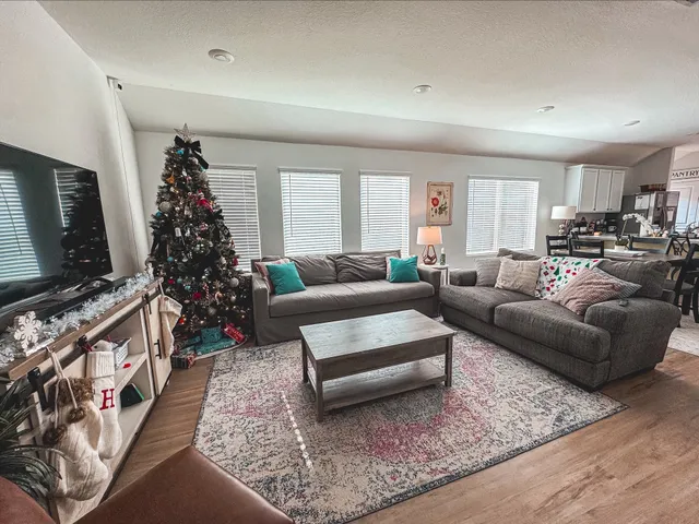 a living room with furniture flat screen tv and a fireplace