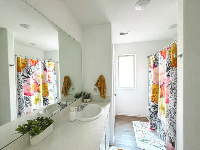 a bathroom with a sink mirror and painting on the wall