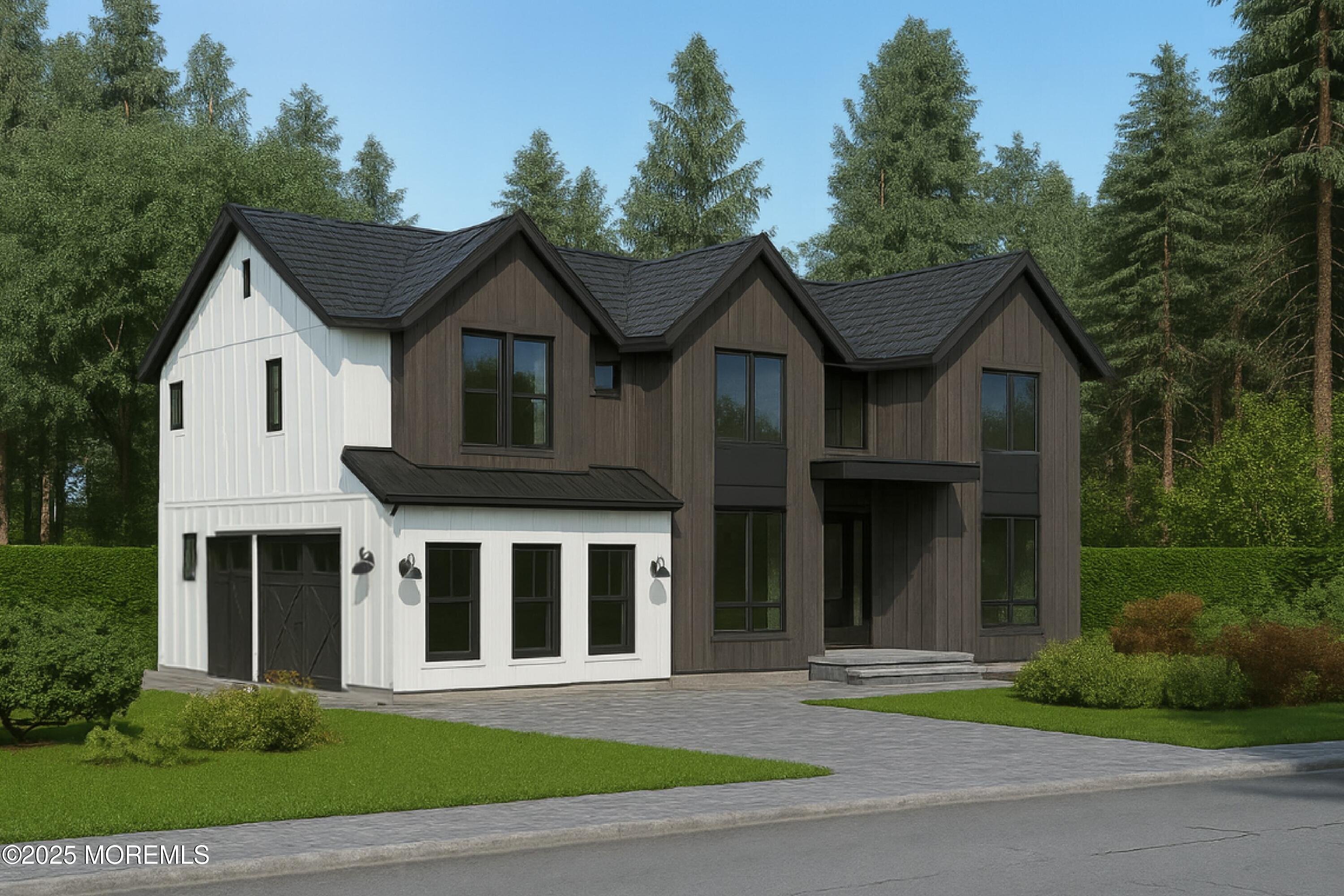 a front view of a house with a yard and trees