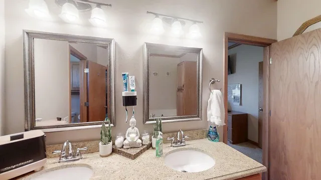 a bathroom with double vanity sinks and a mirror