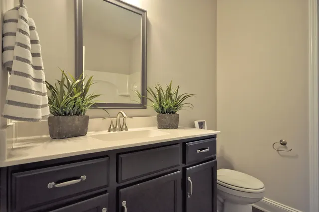 a bathroom with a sink a toilet and a mirror