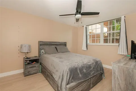 a bedroom with a bed and a night stand