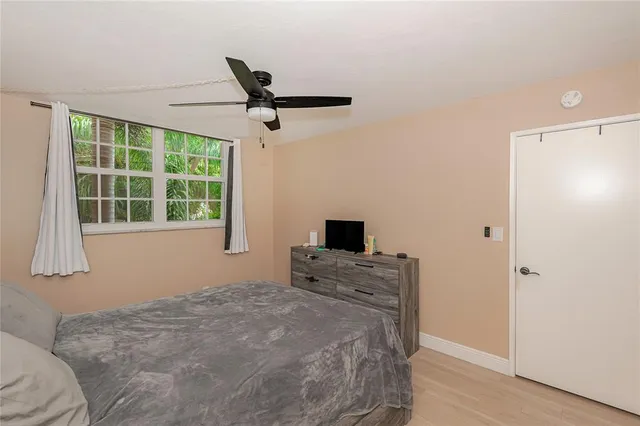 a bedroom with a bed and a flat tv screen on the dresser