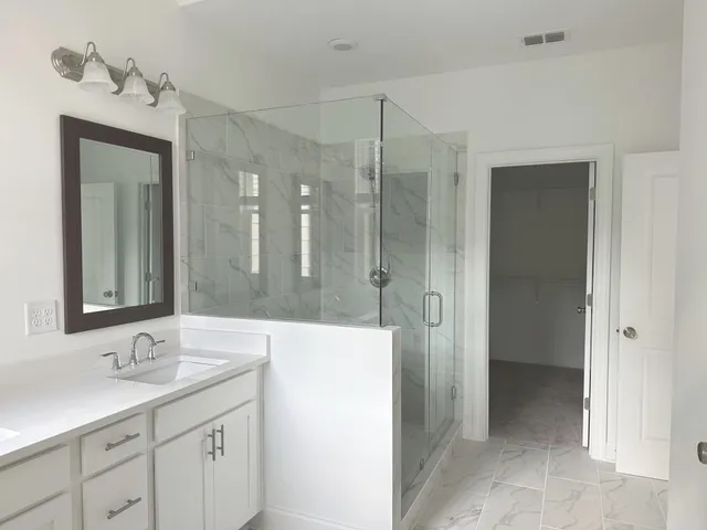 a bathroom with a shower sink and mirror